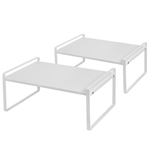 Nxconsu 2Pack Cabinet Shelves Stackable Shelf Organizer Rack Riser for Kitchen Cabinet Pantry Cupboard Counter Countertop Home Organization Storage Space Saver Heavy Duty Metal Nonslip White Wide
