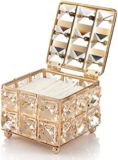 Comius Sharp Crystal Makeup Storage Box with Lid, Diamond Pattern, for Cotton Swabs, Makeup Sponges Makeup Pads Bath Salts Square Makeup (Golden)