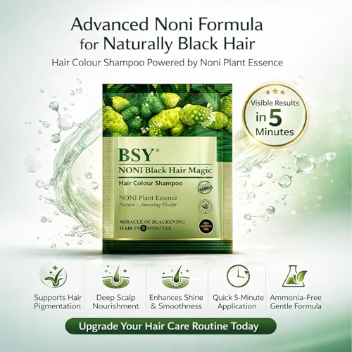 Image of BSY Noni Black Hair Magic 3 IN 1 Natural 5-Min Hair Colour Shampoo Black | Ammonia Free Long Lasting Hair Color Noni Fruit Extract No Hair Loss Grey Coverage Hair Dye for Women & Men (20ml-3 Sachet)
