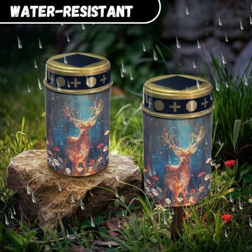 Image of Deer Fire Cemetery Solar Lights Water Resistant LED Flameless Candle Grave Lights Solar Powered Christmas Decorations Garden Decor Light for Prayer 2 Pcs