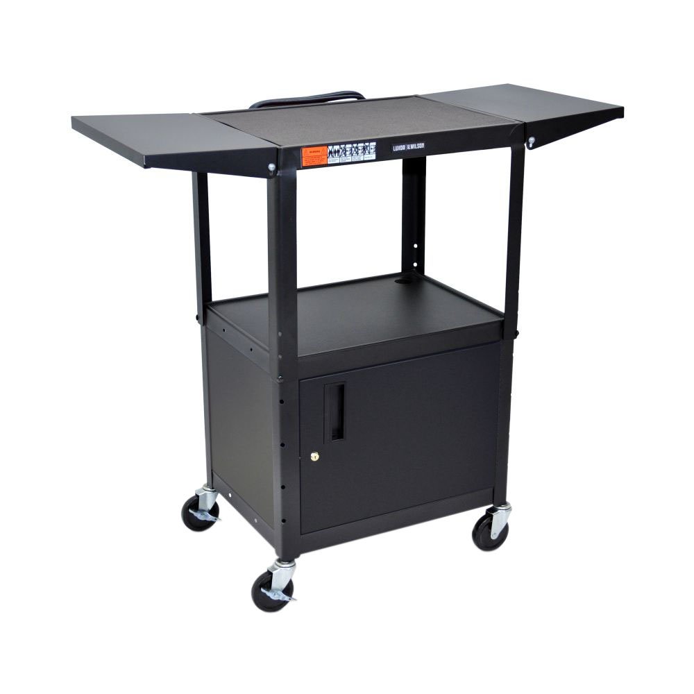 LUXOR AVJ42CDL Steel AV Cart with Adjustable-Height, Storage Cabinet, and Drop Leaf Shelves, Multipurpose Utility Cart, 24" to 42" Height, 3 Outlet Electrical Assembly, Black