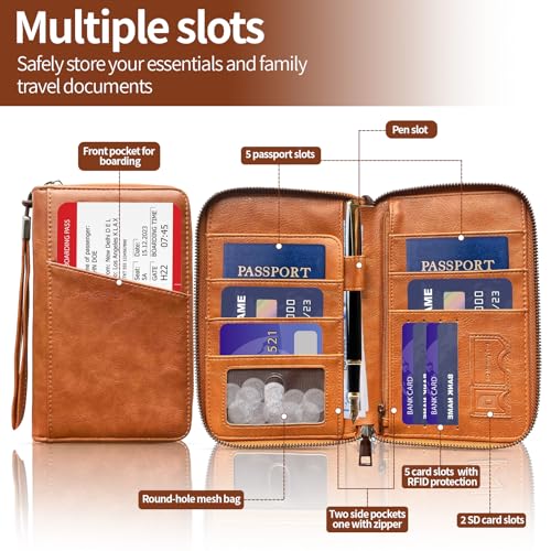 Dual Passport Holder For Travel With RFID Blocking-Full Grain Leather,Holds 6 Passport With 4 Card Slots,Family And Friends Travel4