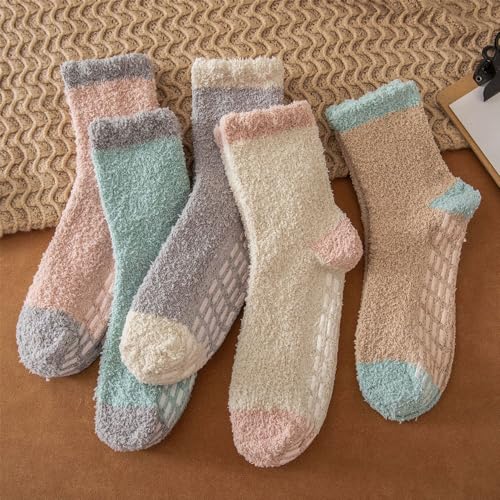 Image of Non Slip Fuzzy Socks Winter Women Cozy Hospital Socks,Cozy Hospital Socks Warm Fluffy Slipper Socks with Grips Home Grip Socks (5 Pairs,Multicolor)
