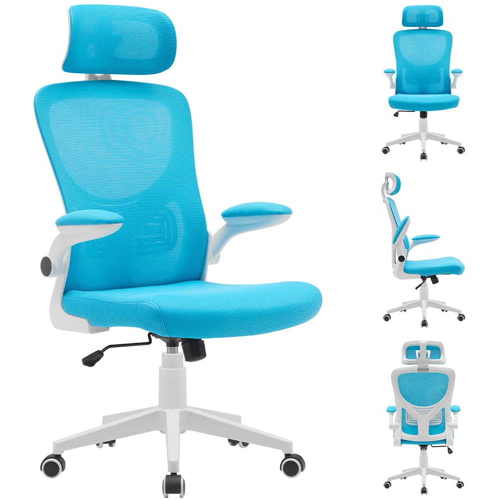 BAKAJI Silla de escritorio ergonómica de tejido transpirable y antisudor, respaldo con soporte lumbar y reposacabezas, silla de estudio u oficina, altura ajustable a gas 116-126 cm (azul)