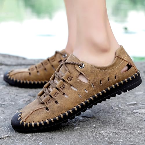 Men'S Leather Hollow Closed Toe Sandals Summer Handmade Anti-Slip Flat Non-Slip Outdoor Adjustable Beach Fisherman Slippers4