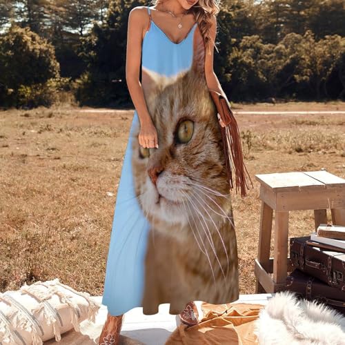 Robe longue chat orange fluide sans manches maxi de qualité été - 2