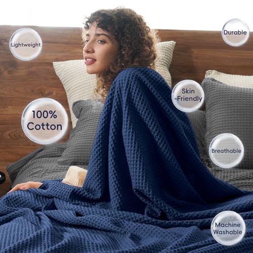 Image of PHF 100% Cotton Waffle Throw Blanket Lightweight Breathable, Bright Blue