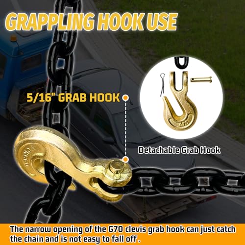 Image of 5 /16 inch Tow Chain, 12 Ft G80 Transport Binder Chain with 4900 Lbs Safety Load,Trailer Safety Chains with G70 Clevis Grab Hooks for Transporting Towing&Logging,Tie Down Binding