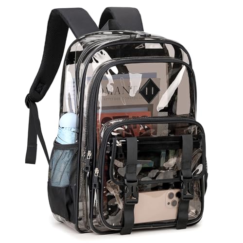 QIXIHU Large Clear Backpacks for School Heavy Duty Transparent Backpack for Stadium Event See through Bookbag for Kids Adult Thick PVC Back Pack Semi-Black