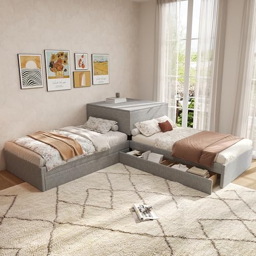 Kelodan Cama esquinera, dos camas individuales con nido, cama tapizada, cama funcional con espacio de almacenamiento, con cajón de almacenamiento, con cama nido de 90 x 200 cm, sin colchón, lino, gris
