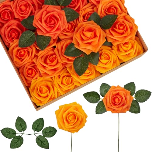 InnoGear Artificial Flowers 50 Pcs Shades of Orange Foam Fake Roses Bulk with Stems for Autumn Fall Decoration DIY Wedding Bouquets Centerpieces Bridal Shower Party Christmas Tree
