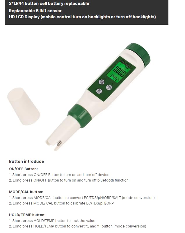 BLE-9910 6 in 1 pH/tds(ppm) /Temp/EC/orp/Salinity Meter ORP Tester