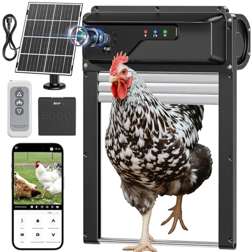 Porte Poulailler Automatique avec Caméra WiFi et Application, Porte à Enroulement Gain de Place pour Poulailler, Recharge Solaire, Contrôle à Distance,...