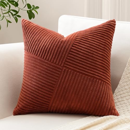 Sungeek Juego de 1 Funda de Cojín de Pana Suave 50x50 cm Fundas de Almohada Decorativas con Patchwork de Molinillos a Rayas Funda Cojines para Sofá Cama Dormitorio Sala de Estar, Óxido Oscuro