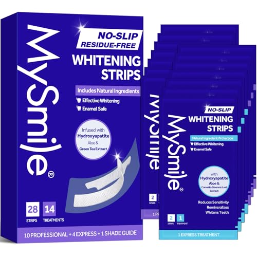 MySmile Teeth Whitening Strips, Hydroxyapatite-Infuse White Strips, Non-Sensitive Teeth Whitening with Soothing Natural Ingredients, Enamel-Safe, Residue-Free, Non-Slip, 14 Treatments Kit