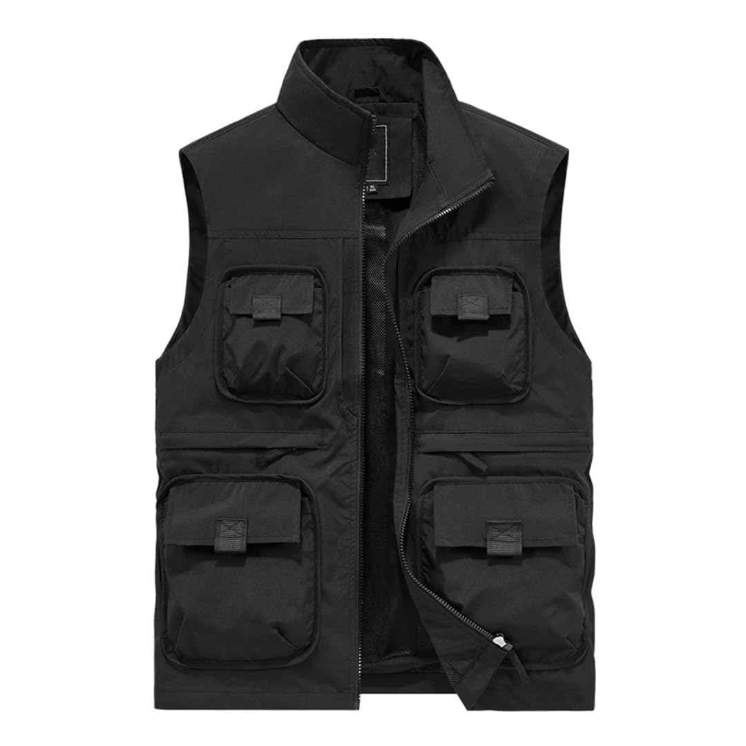 Gilet da uomo senza maniche per il tempo libero all'aperto con colletto in piedi molte tasche tinta unita sottile gilet