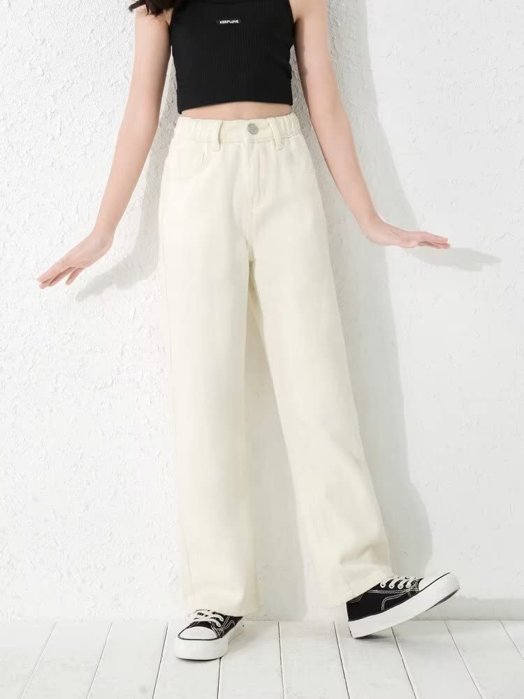 Girls Casual Denim Pants High Waisted Wide Leg Jeans with Pocket3