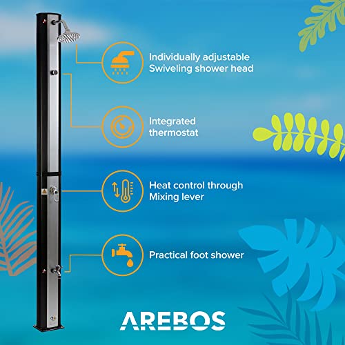 Arebos Ducha Solar | 35 litros | 216cm | con termómetro Integrado | Incl.Portada | Cabezal de Ducha Redondo | con Ducha de pies | Ducha de jardín con conexión para Manguera de jardín