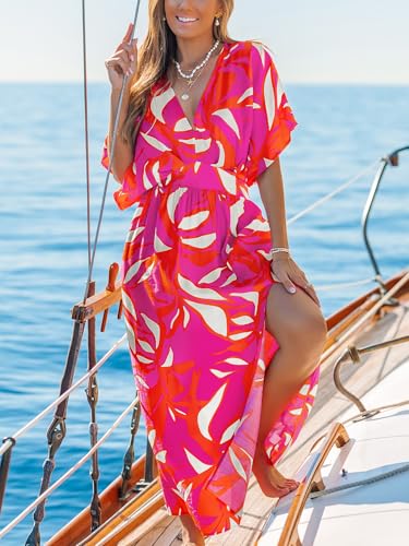 Image of CUPSHE Women's Summer Boho Maxi Dress Paisley Floral V Neck Smocked Dress Beach Vacation Slit Hem Flowy Dress with Pockets