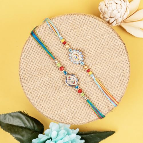 Image of Traditional Handmade Beaded Rakhi For Raksha Bandhan| Hand Bracelet For Brother| Wrist Band For Bhaiya & Bhabhi | Trendy Combination Designs Protective Thread Combo-Set Of 2