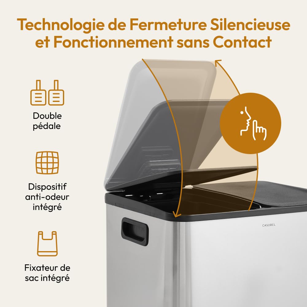 CASABEL Poubelle Cuisine Double 2x15L en Acier Inoxydable, Chrome | Double compartiment, Tri sélectif, 2 pédales, Anti-traces de doigts, Couvercles hermétiques, Bacs amovibles, Entretien facile