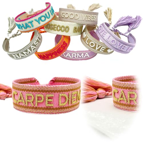 LS-LebenStil Exklusives Statement Armband - das Original - Carpe Diem Rose Gold 16-20cm Quasten besticktes Boho Canvas Webarmband Damen Freundschaftsarmband Geschenk gewebt textil Stoffarmband