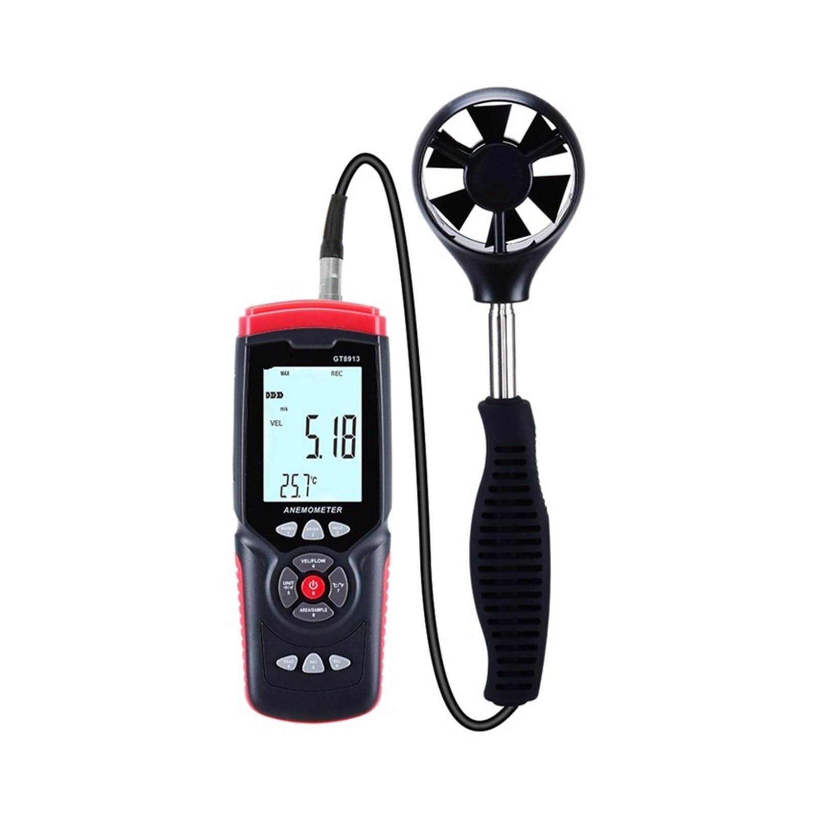 45 m/s Digitales Anemometer, LCD-Windgeschwindigkeit, Temperatur, Luftfeuchtigkeit, Windgeschwindigkeit, Durchflusswert, Messsensor, multifunktionales(GT8913)
