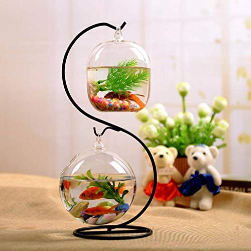 Kedoung Desk Fish Tank Bowl for Betta Fish Hanging with Metal Stand, Small Fish Aquarium for Decoration
