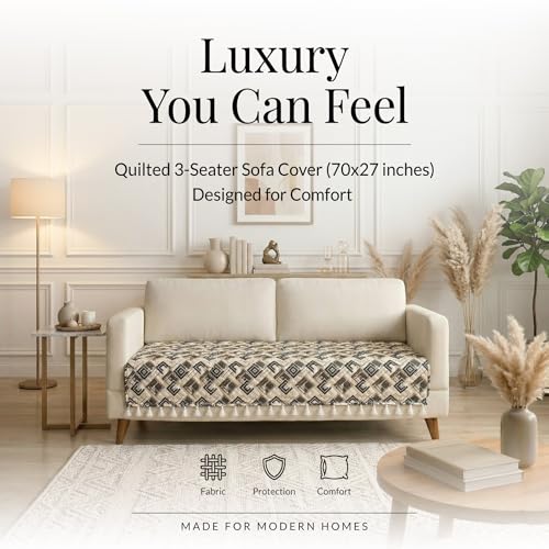 Image of BSB HOME Cotton Sofa Cover Throw with Tassels, Soft Breathable Fabric, Printed Couch Cover for Living Room, Lightweight Furniture Protector (27 x 70 Inches / 69 x 178 cm) (Beige & Charcoal Black)