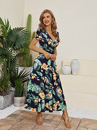 HUHOT Women's Short Sleeve Wrap V Neck Dresses for Wedding Guest Summer Floral Maxi Sundresses with Pockets Boho Dress2