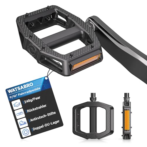 WATSABRO Pedales de bicicleta con tiras reflectantes StVZO, antideslizantes, pedales MTB de 9/16 pulgadas, rodamientos dobles DU, pedales ultraligeros, para bicicleta de montaña, bicicleta de