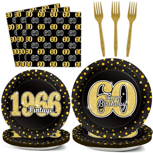 Image of 96PCS 60th Theme Birthday Party Tableware Vintage 1966 Party Supplies 60 Year Old Birthday Party Decorations Plates Napkins Forks Black and Gold Dinnerware Favors for Men or Women