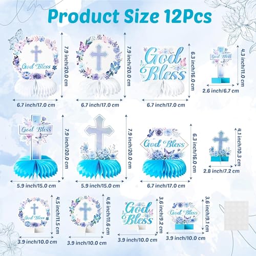 Image of ANGOLIO 12Pcs Baptism Honeycomb Centerpieces Birthday Party Decor, Summer Blue Purple God Bless Cross Religious Baptism Table Centerpieces for Baby Shower First Communion Gender Neutral Decorations