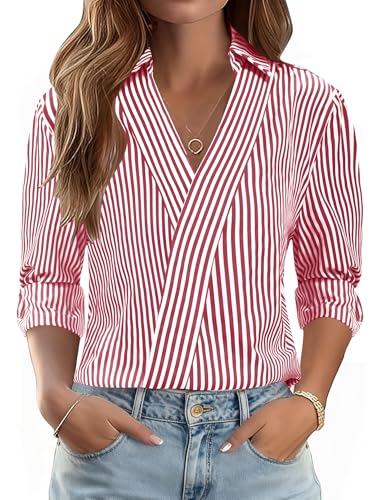 Image of LOMON 3 /4 Length Sleeve Womens Tops Dressy V Neck Collared Shirts Trendy Business Casual Work Blouses Vacation Outfits 2026