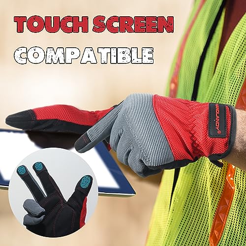 Image of HANDLANDY Mens Work Gloves, Flexible Utility Working Gloves, Touch Screen Outdoor Yard Gloves (Grey-red, X-Large (Pack of 1))