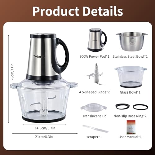 Tviorst Electric Food Processor, 3-Speed Food Chopper with Meat Grinder & Vegetable Chopper - 2 Bowls (8.5 Cup Stainless Steel+8.5 Cup Glass) with Powerful 300W Copper Motor, 2 Bi-Level S Blades - image 6