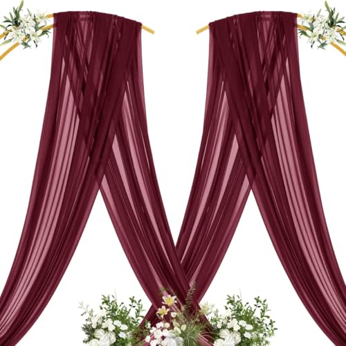 Image of MLMC Burgundy Wedding Arch Draping Fabric 2 Panel 29 inch x 20 FT Extra Long Gauze Drapes Sheer Backdrop Curtains 6.6 Yards Airy Outdoor Drapery Panels for Wedding Bridal Shower Ceiling Decoration