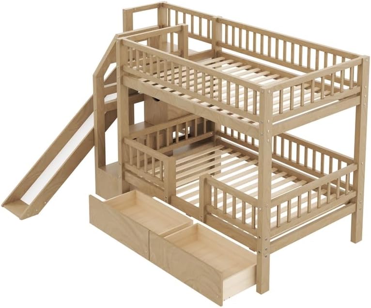 Spese generali view of the assembled bunk bed with the two under-bed drawers pulled out.