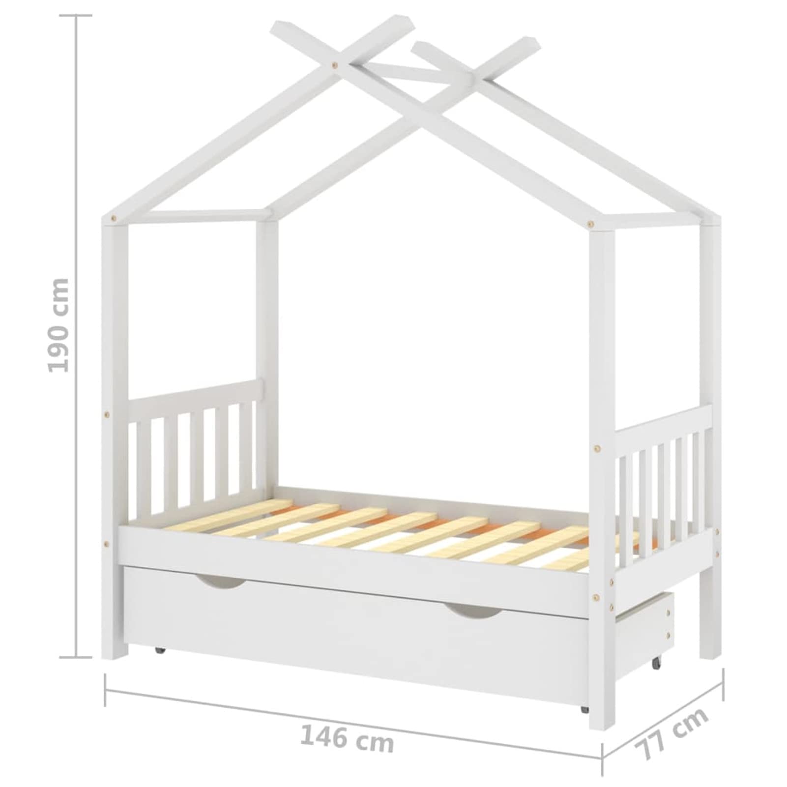 Chusui Kinderbett mit Schublade, Kinderbett, Hausbett, Kinder Bett, Betten, Weiß Massivholz Kiefer 70x140 cm