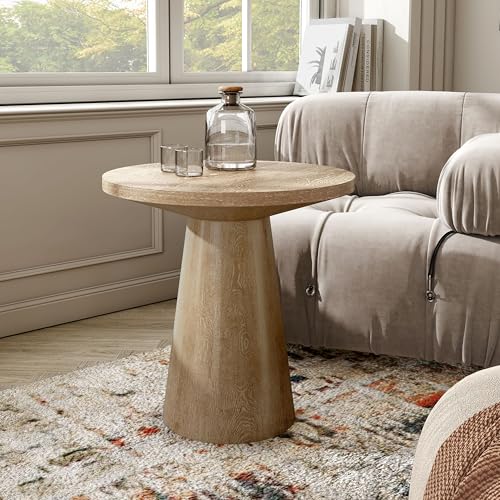 Furniture of America Lestara Modern Solid Rubberwood 20-inch Round End Table with Cone-Shaped Pedestal Base Living Room Furniture for Small Space Home Office Oak Finish