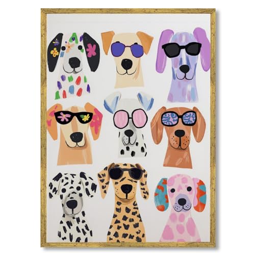 Gold Framed Colorful Dogs with Sunglasses Wall Art Trendy Funny Puppy Portrait Poster for Pet Lovers Cute Animal Canvas Print Painting Dog Picture Decor for Kids Room Nursery Living Room 8x12inch