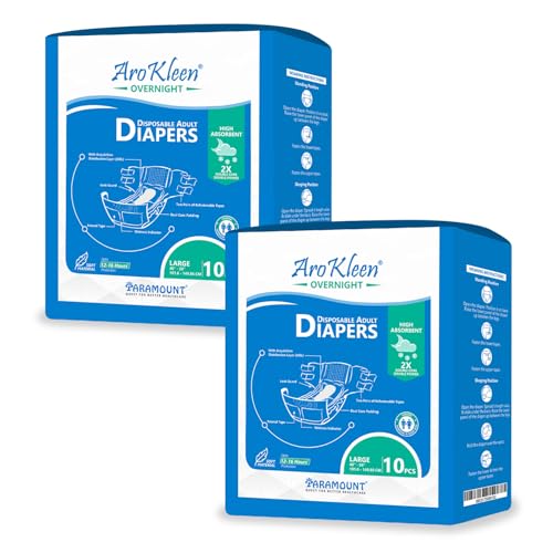 Image of AroKleen Overnight Adult Diapers Tape Style, Large, 20 Count, Waist Size (101.6-149.86 cm | 40 inch-59 inch Inches) | 2X Absorbent, 16 Hour Protection, Wetness Indicator- Pack 2