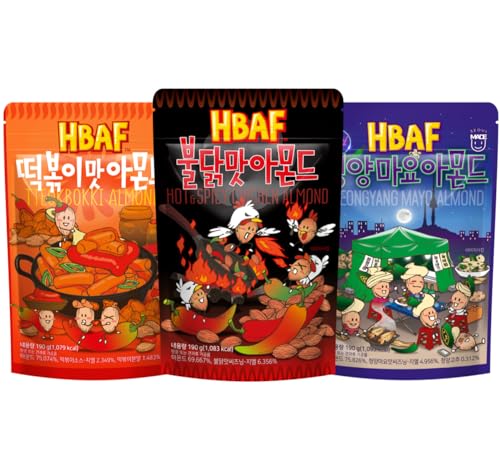 [Official Gilim HBAF] Korean Spicy Seasoned Almonds 3 Pack | Sweet & Spicy Tteokbokki & Hot Spicy Chicken Buldak Flavor & Green chili Chengyangmayo | Nutritious & Gluten Free | Movie Party Snack