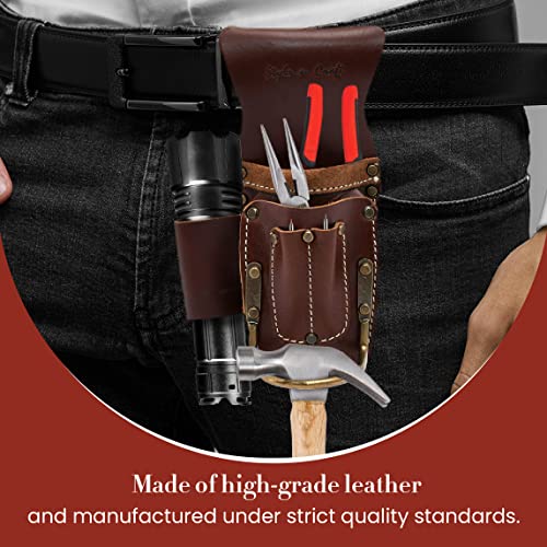 Style N Craft - 5 Pocket Pliers And Hammer Holder, Full-Grain Leather Tool Pouch, Multi Tool Holder, Dark Tan (98016) #TOP4