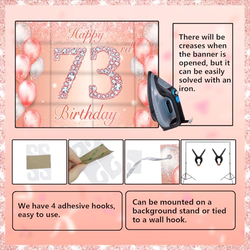 Image of Happy 73rd Birthday Rose Gold Banner Cheers to 73 Years Old Backdrop Confetti Balloons Theme Decor for Women 73 Years Old Pink Birthday Party Decorations Bday Supplies Background Favors Gift Glitter