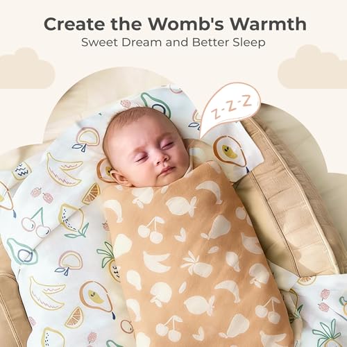 Image of Momcozy Muslin Swaddle Blankets, 4-Pack Breathable and Skin-Friendly Receiving Blankets, Best Wishes Swaddle Blanket Shower Gifts & Baby Registry Essentials, Large 47 inchx47 inch, Fruits Party
