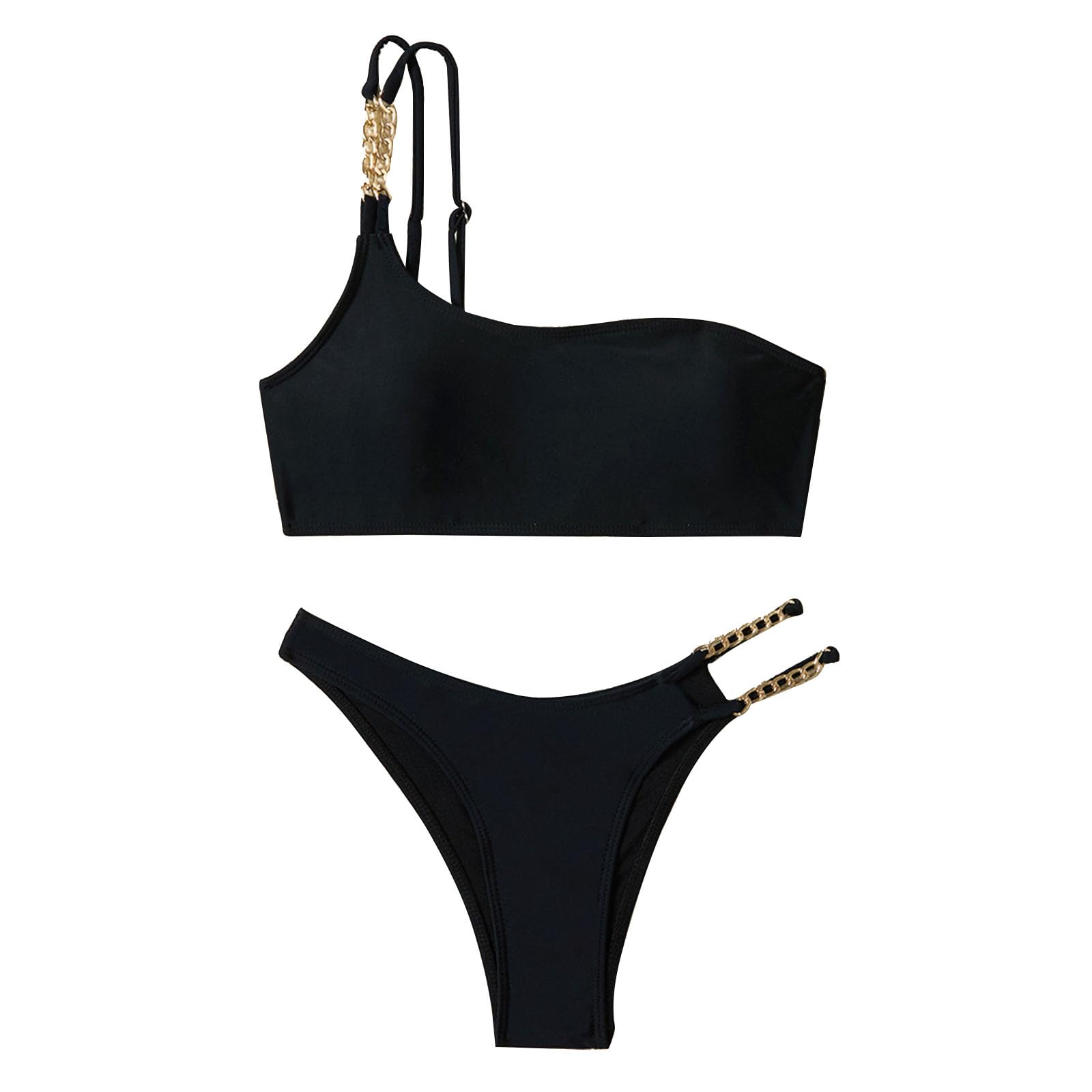 Generico Set Bikini con Top Monospalla, Costume Bagno Due Pezzi Donna, Nero, Doppia Catena in Metallo, Cinturino Regolabile, Asimmetrico, A Triangolo, Traforato
