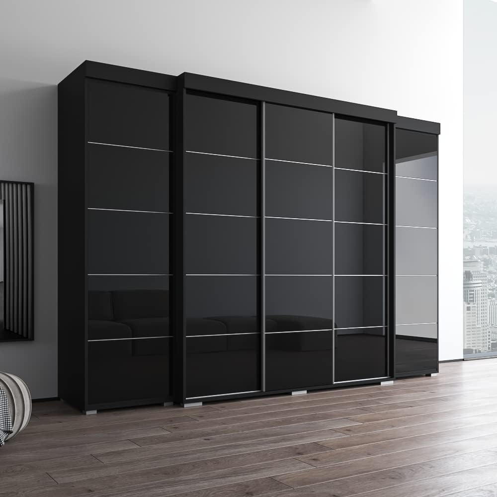 Meble Furniture Aria 3D-EXEX Modern Wardrobe Closet — Flat Panel Doors — Spacious Storage, 81.1" H x 117.3" W x 26" D — Black