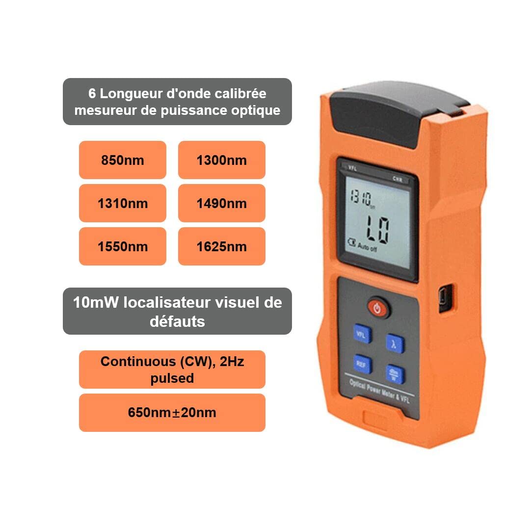 2 en 1 Testeur de fibre optique alimenté par batterie rechargeable Compteur de puissance optique -70~+10dBm avec localisateur visuel de défauts VFL