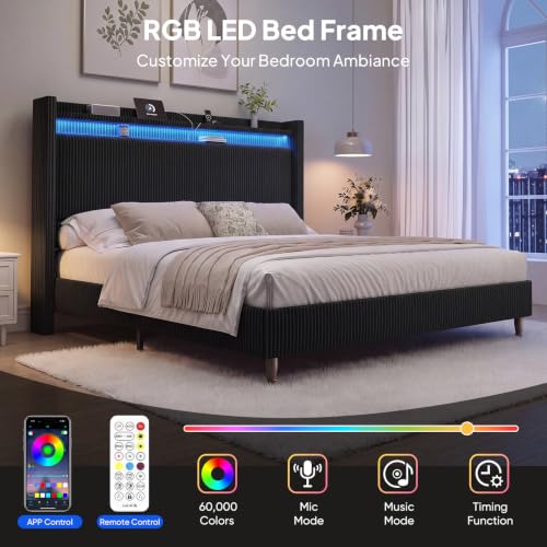 Image of Queen Size Bed Frame with 55.3 inch Tall Headboard, Corduroy Upholstered,Black